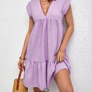 SHEIN Plunging Neck Batwing Sleeve Ruffle Hem Smock Dress Size 8-10 Color Lilac